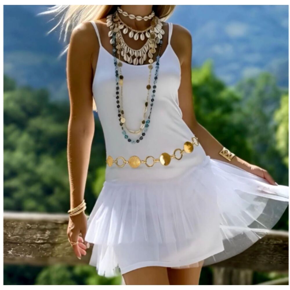NWT Gold Metal Circles and Brushed Discs Boho Chain Belt, 25-35 Inch Length